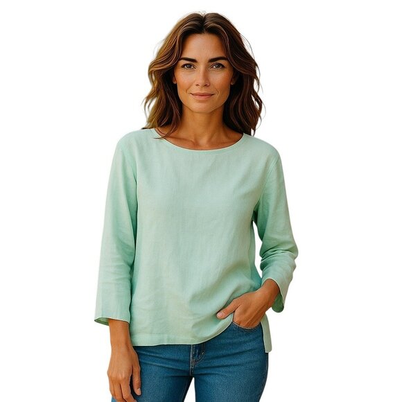Eileen Fisher 100% Organic Linen Boatneck Blouse Mint Green Size XXS Summer Boho - Picture 1 of 14